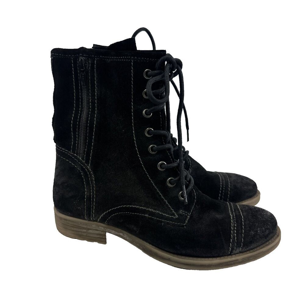 Roan Affair Black Suede Burnished Boot Lace Up Mid Zip Combat Biker Womens 8.5